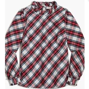 New J.Crew Factory Cotton Poplin Ruffleneck Top, Red White Plaid Preppy Shirt XL